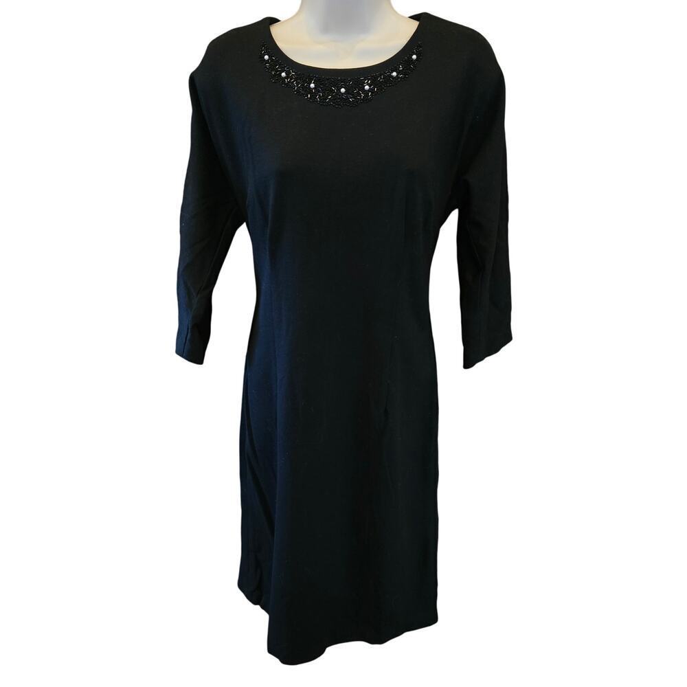 Vintage Pendleton wool blend black beaded neckline 3/4 sleeve midi sheath dress